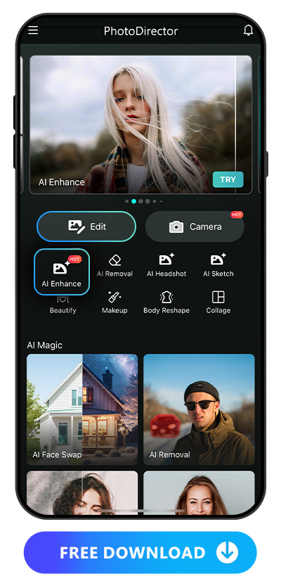 launcher of PhotoDirector and highlight AI Enhance feature